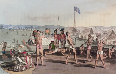 Ukhara, josta on näkymä British Residents Campiin, "A Mahratta Camp" -leiristä, 5. huhtikuuta 1813 (värikaiverrus)